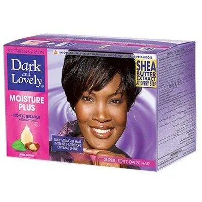 Dark and Lovely Moisture Plus no-lye relaxer kit box, front