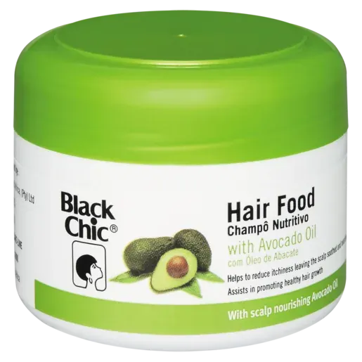 Black Chic Hair Food treatment tub with avocado oil, front