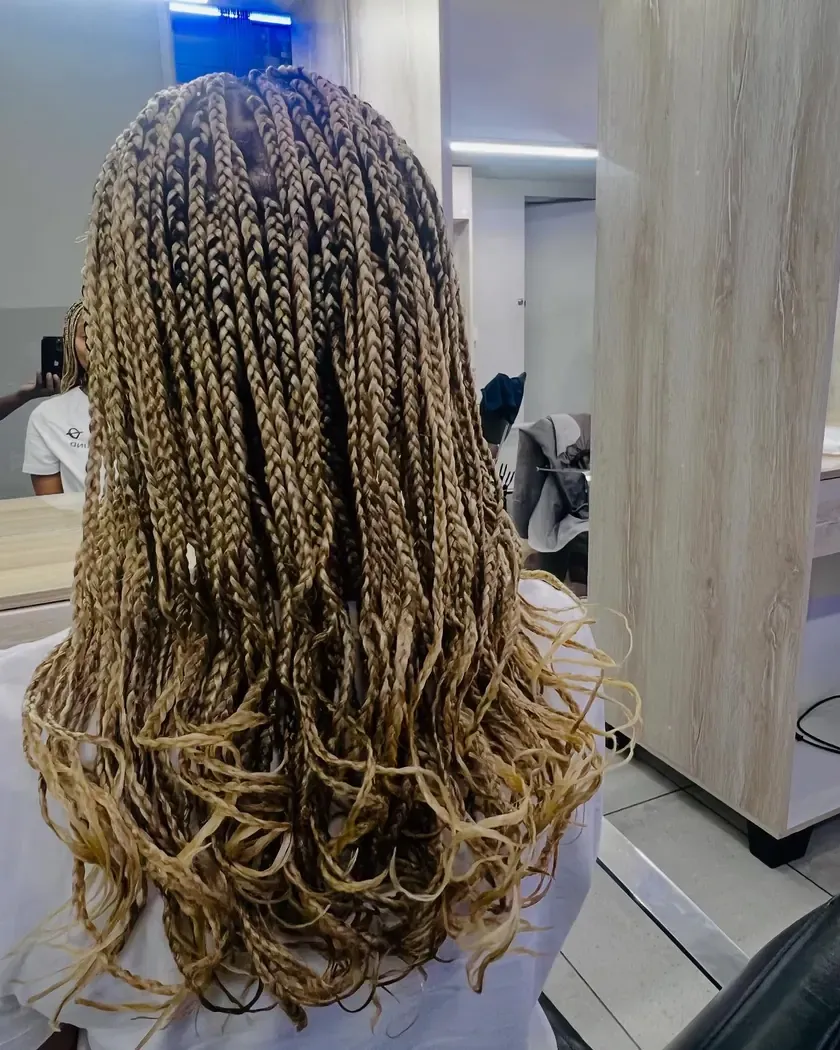 Honey-blonde goddess braids with curled ends, from behind